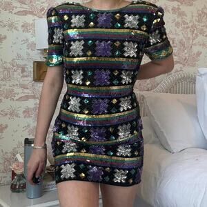 Vintage Sequin & Beaded Mini Dress Small